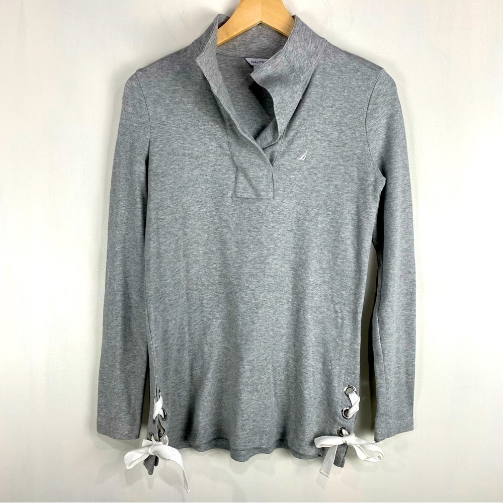 Nautica 100% Cotton Tie Lace Up Essential‎ Pullover Sweatshirt Top Gray Size XS